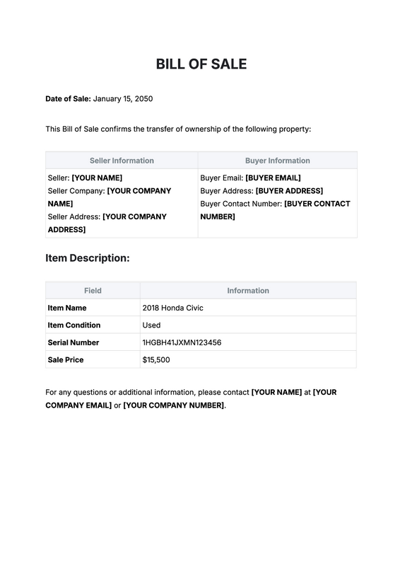 Motorbike Bill of Sale Kind Layout